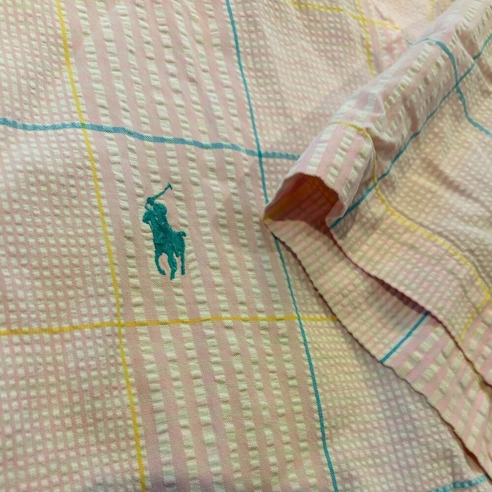 Ralph Lauren XL Lightwight Button Short Sleeve Seersucker Shirt Pink Stripe Men